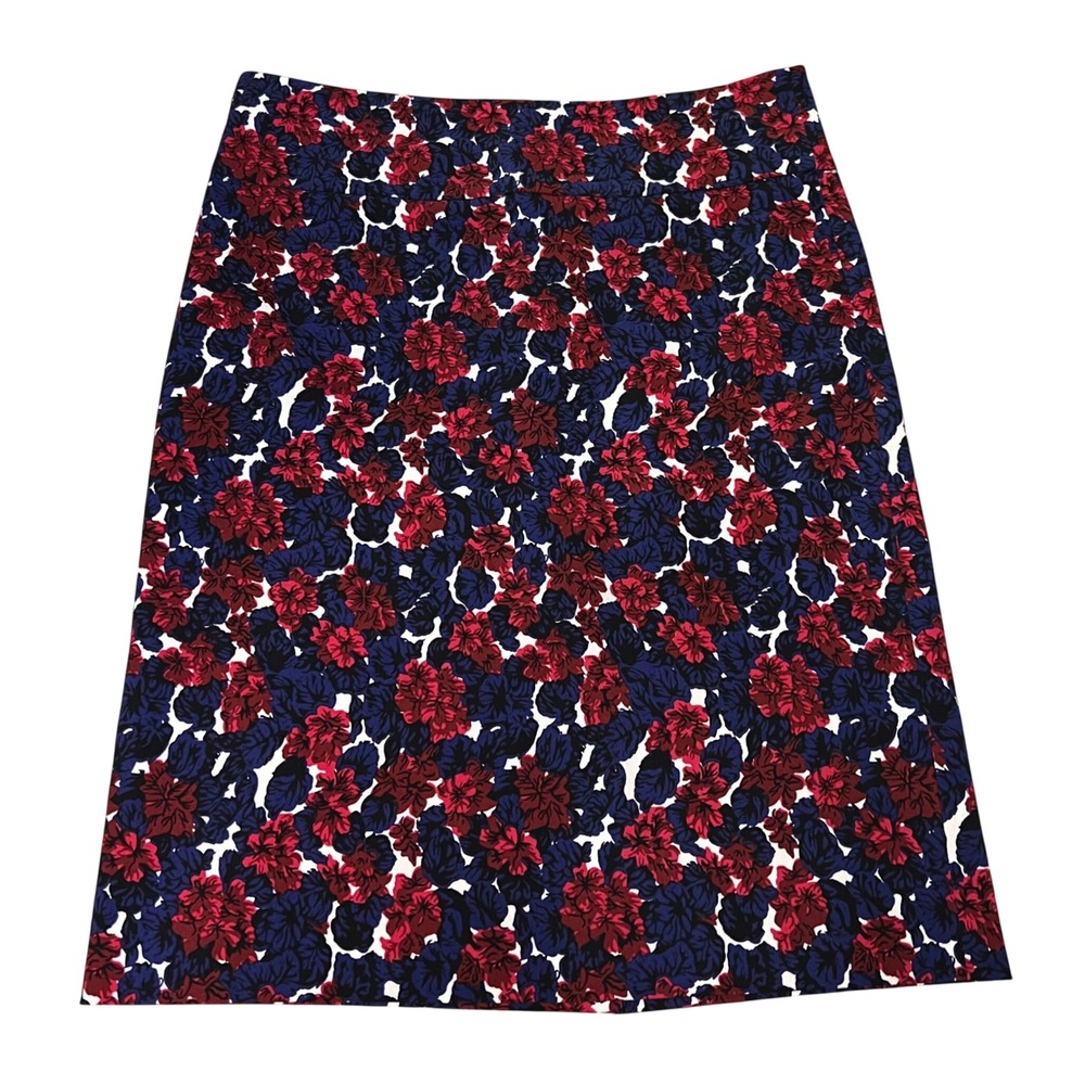 Margaret M Floral Pencil Skirt Red Navy Blue Pull On Knee Length Womens M